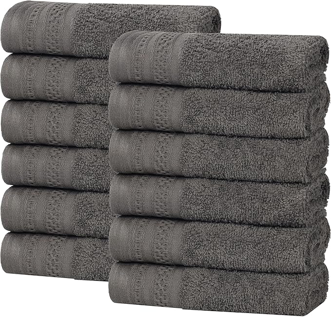 Superior Honeycomb Cotton Medium Weight Towels, for Guest Bath, Master Bathroom, Shower, Adults, Home Essentials, Textured Waffle Border, Assorted Towel Set, 12 Piece Face Towel Set, Gunmetal