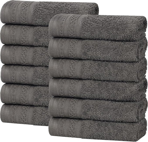Superior Honeycomb Cotton Medium Weight Towels, for Guest Bath, Master Bathroom, Shower, Adults, Home Essentials, Textured Waffle Border, Assorted Towel Set, 12 Piece Face Towel Set, Gunmetal