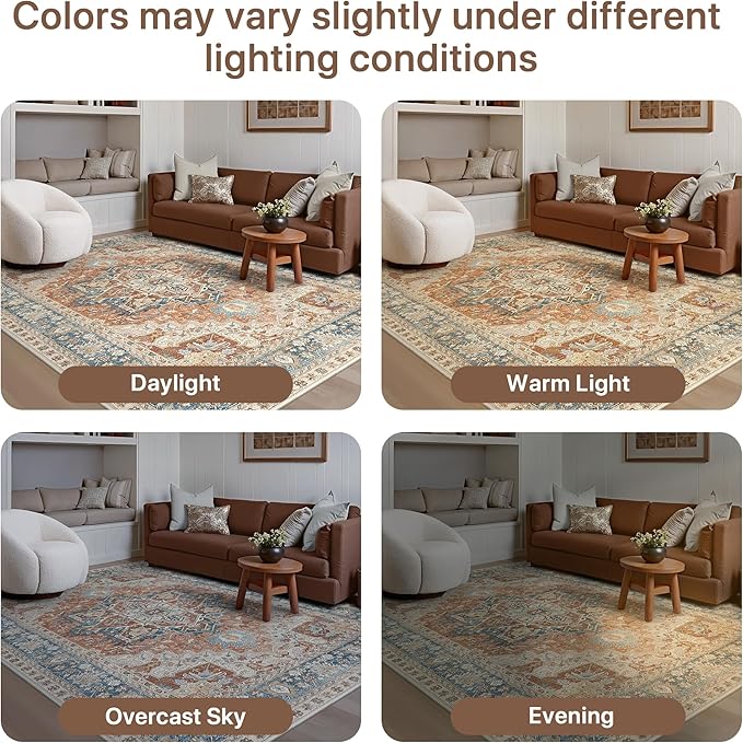 GENIMO 6X9 Area Rugs for Living Room, Machine Washable Vintage Floor Cover Foldable Modern Non Slip Rug, Low Pile Soft Indoor Carpet Floral Print Mat Rug,Bedroom/Dining Room/Home Office,Terracotta