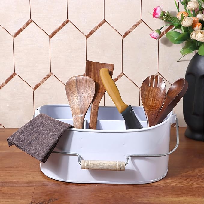 Alpha Living Home Farmhouse 4-Section Galvanized Utensil Caddy - Versatile Organizer for Kitchen, Party & Outdoor Events (Snow White) - Rustic Silverware Holder, Cutlery Organizer, Picnic (White)