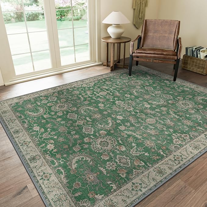 GENIMO Washable Area Rugs for Living Room Bedroom, 8x10 Boho Vintage Non Slip Rug, Low Pile Soft Floral Indoor Floor Carpet Cover for Dining Room Kitchen, Khaki Green