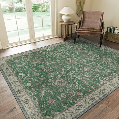 GENIMO Washable Area Rugs for Living Room Bedroom, 8x10 Boho Vintage Non Slip Rug, Low Pile Soft Floral Indoor Floor Carpet Cover for Dining Room Kitchen, Khaki Green