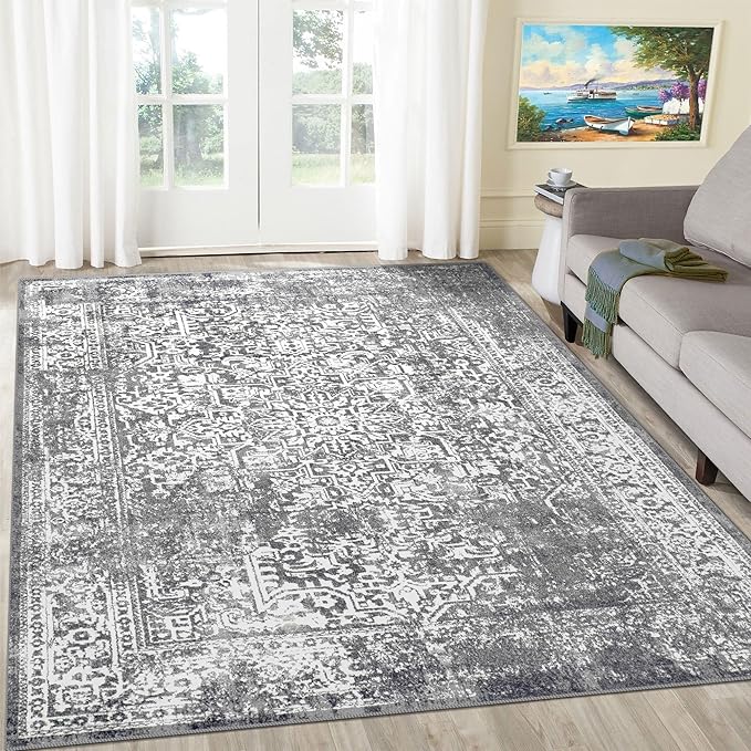 vivorug 4x6 Area Rugs, Stain Resistant Washable Rug for Living Room, Vintage-Inspired Grey Rug