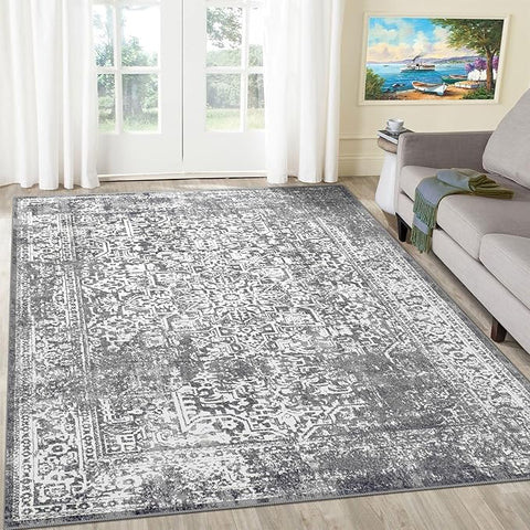 vivorug 5x7 Area Rugs, Stain Resistant Washable Rug for Living Room, Vintage-Inspired Grey Rug