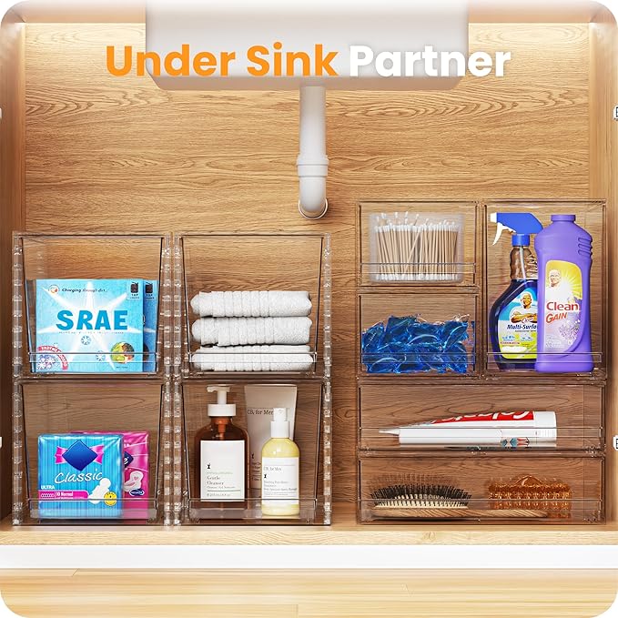 A-LuGei 【𝟰𝗣𝗖𝗦】 Acrylic Stackable Storage Drawers, 11.8" L Makeup Organizer, Bathroom Organizer and Storage, Plastic Storage Bins for Kitchen Cabinet Pantry Medicine Fridge