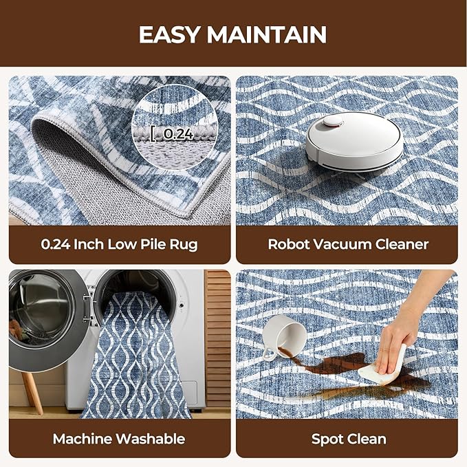 WITSHOCK Area Rugs 7x9: Washable Non-Slip Soft Geometric Low Pile Print Pattern Boho for Living Room Bedroom Dining Room, Large Thin Indoor Carpet for Nursery Playroom Decor, Kid & Pet Friendly, Blue