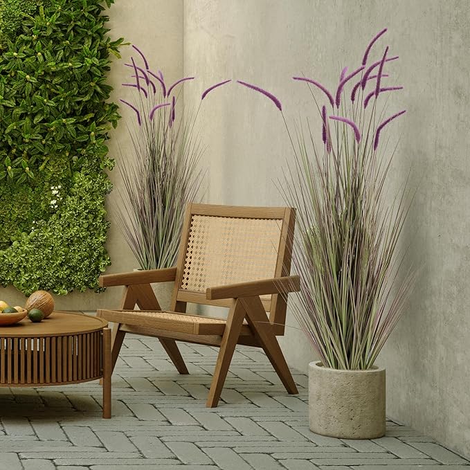 KOL Artificial 5ft Purple Horsetail Reed Grass, 59in Tall Artificial Indoor Outdoor Fake Grass Plant, Home Office Decorative Artificial Plants & Flowers in Pot Faux Plant Greenery, Wedding Decor