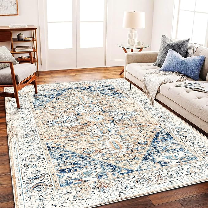 Washable Area Rug 5x7 for Living Room Retro Boho Chic Medallion Distressed Design Indoor Non-Slip Large Oriental Accent Throw Rug for Kitchen Bedroom Office Carpet