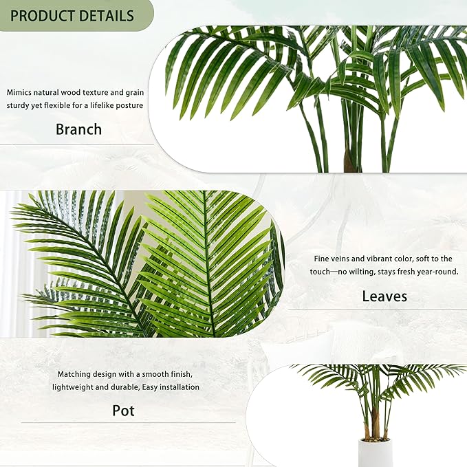 Artificial Palm Tree 5FT Artificia Plants Indoor Fake Trees Tropical Fake Plam Tree Floor Plant in White Pot with 13 Trunks & Real Bark Design Faux Palm Plant for Outdoor Home Room Decor