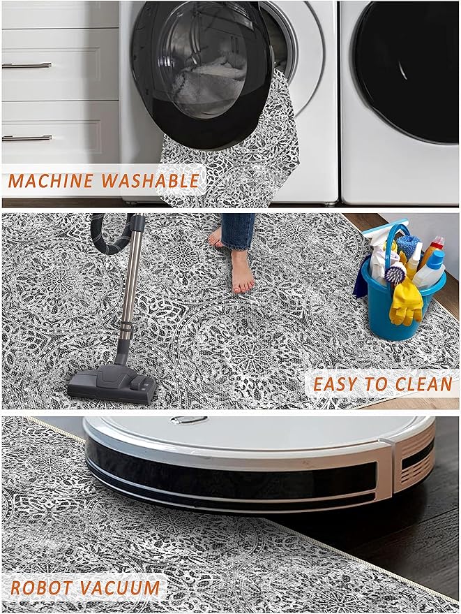 vivorug Runner Rug 2'x8' Machine Washable Non-Slip Runners for Hallways Kitchen Entryway Laundry Room Vintage Medallion Carpet Hallway Runner Grey