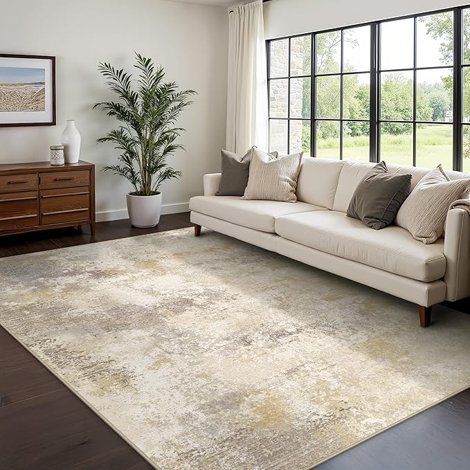GENIMO 8x10 Washable Area Rugs for Living Room Bedroom, Modern Abstract Low Pile Soft Non Slip Rug, Contemporary Indoor Floor Carpet Cover for Dining Room Kitchen, Gray Gold