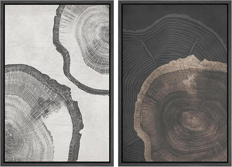 SIGNWIN Framed Canvas Print Wall Art Wood Tree Rings Abstract Illustrations Minimalist Modern Wall Art Neutral Boho Decor for Living Room, Bedroom, Office - 16"x24"x2 Black