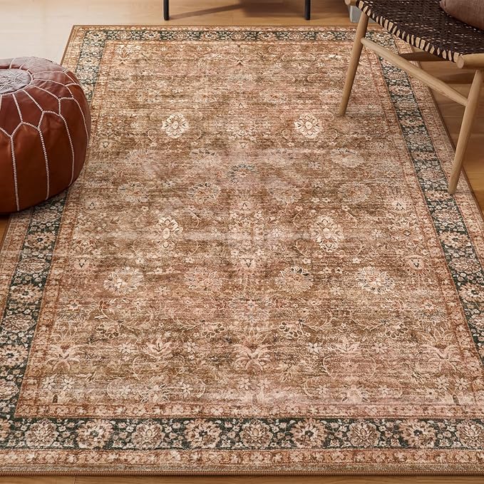 Morebes Vintage Washable 3x5 Rugs for Entryway, Boho Bedroom Area Rug Non Slip Aesthetic Soft, Distressed Non-Shedding Floral Carpet for Kitchen Foyer Bedside Playroom,Brown