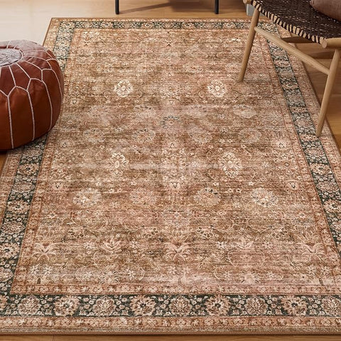 Morebes Vintage Washable 3x5 Rugs for Entryway, Boho Bedroom Area Rug Non Slip Aesthetic Soft, Distressed Non-Shedding Floral Carpet for Kitchen Foyer Bedside Playroom,Brown