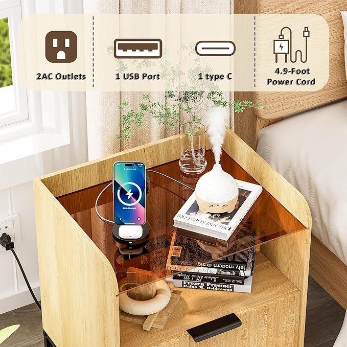 Nightstand Set of 2 with Charging Station, Mid Century Modern Night Stand, Fluted Bedside Table with Glass Top & Metal Legs, Wood End Table for Bedroom, Living Room (Natural)
