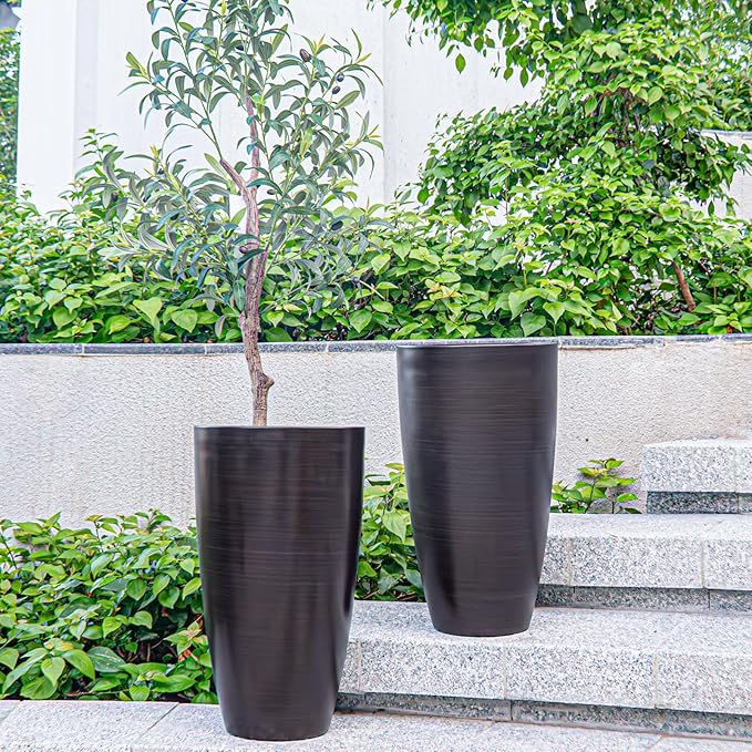 ZMTECH 21 Inch Tall Outdoor Planters Set of 2 Round Tall Plant Pots for Outdoor/Indoor with Shelf Inset, Dark Brown Glossy Smooth Finish - Large Plastic Pots with Drainage Holes for Front Porch Patio