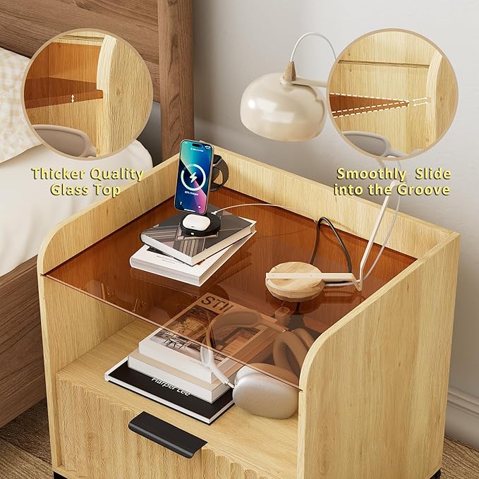 Mid Century Modern Nightstand with Charging Station, Fluted Night Stand, Bedside Table with Glass Top & Metal Legs, Wood End Table for Bedroom, Living Room (Natural)