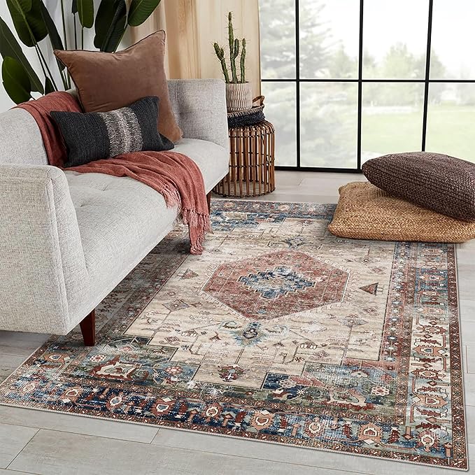 vivorug 6x9 Area Rug, Ultra-Soft Washable Rug for Living Room, Dinner Room, Bedroom, Non-Slip Vintage Rug, Indoor Carpet Large Area Rug, Brown