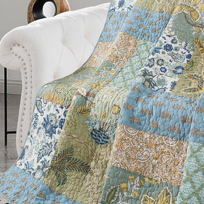 NEWLAKE Cotton Quilted Throw Blanket for Bed Couch Sofa, Reversible Patchwork Matelasse Blanket with Real Stitched Embroidery, Bohemian Floral Pattern, 60X78 Inch