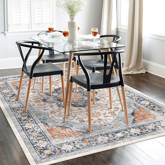 vivorug 6x9 Area Rugs, Ultra-Soft Washable Boho Rug for Living Room Dinner Room Bedroom, Non-Slip Vintage Floral Indoor Carpet Large Area Rug Orange/Navy