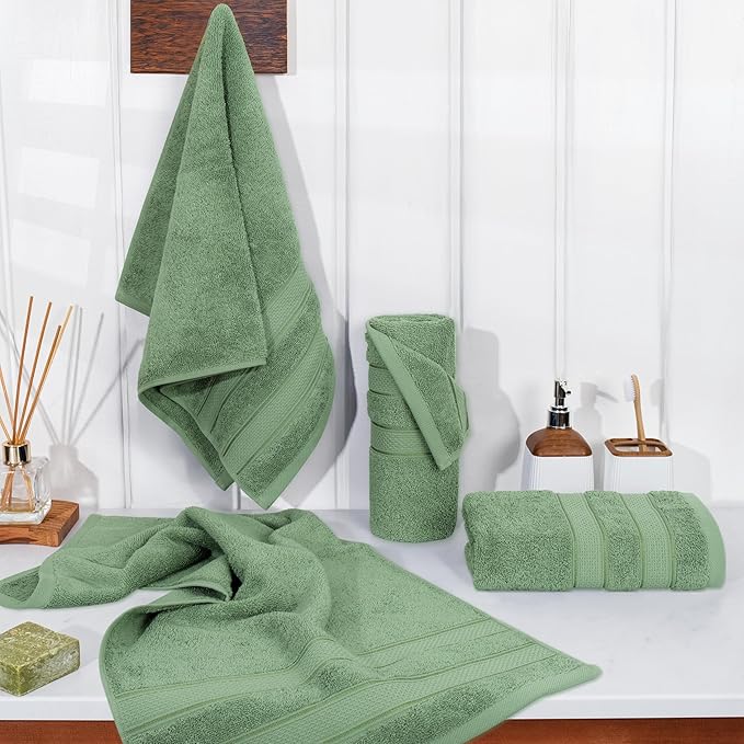 American Soft Linen Salem 100% Cotton Turkish 4 Piece Hand Towels for Bathroom, 600 GSM Soft Absorbent Quickdry Hand Face Towel Set, Sage Green