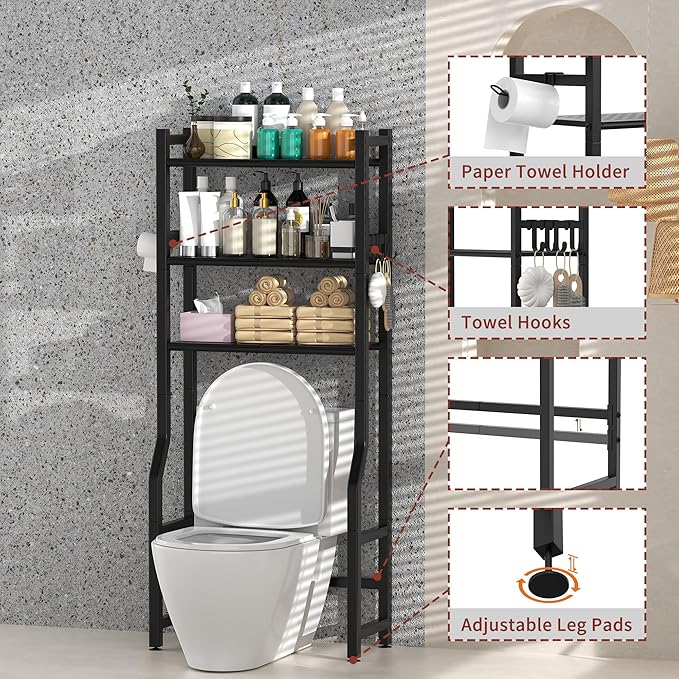 3 Tier Over The Toilet Storage Rack with Toilet Paper Holder, Metal Freestanding Bathroom Shelves with 4 Hooks, Over Toilet Storage Shelf for Bathroom Storage, Black