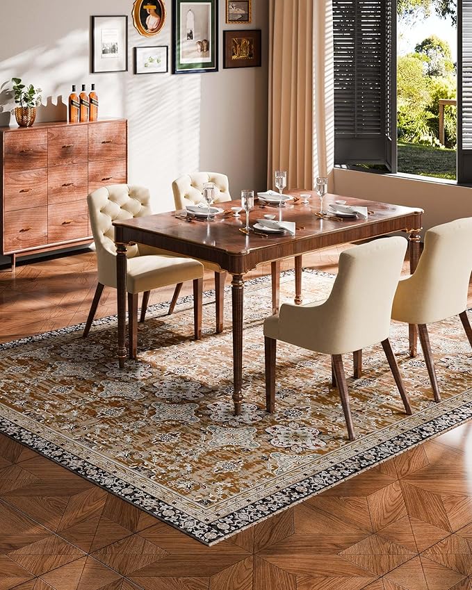 VEVOR 8 x 10 ft Area Rug Large Washable Rug Non-Slip and Tear-Resistant Soft Carpet Pet & Child Friendly Vintage Area Rugs Indoor Mat for Bedroom Living Room Kids Room Office Brown Green
