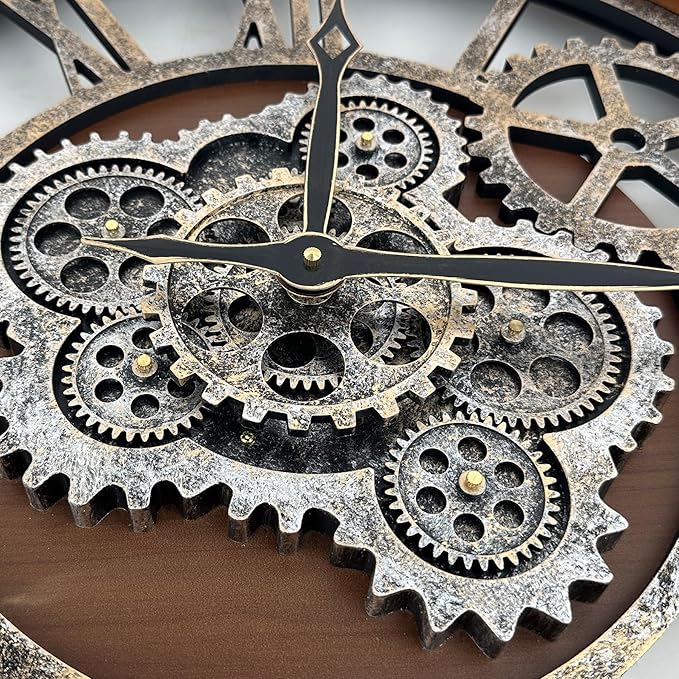HOIBAI Farmhouse Vintage Industrial Oversized Wall Clock - 24 in (60cm) Moving Gear Wall Clock for Living Room Decor