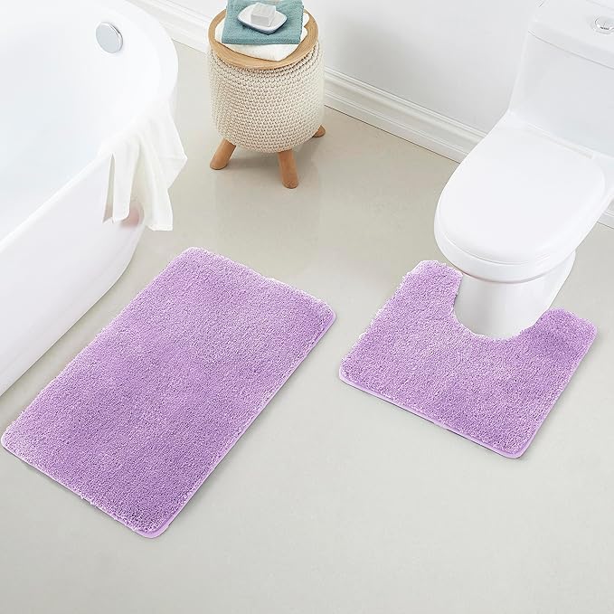 Bathroom Rug Set 2Piece, Thick &Soft Microfiber Shaggy, U Shaped Contour, Machine Washable Bath Mats, Absorbent Bath Rugs, Non-Slip Rubber Backing Bath Mat for Bathroom Floor,Tub and Shower,Lavender
