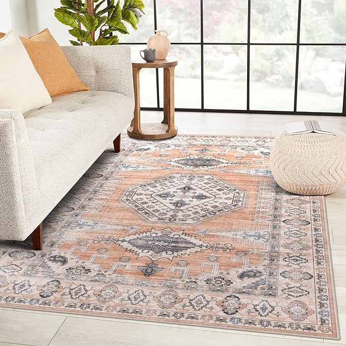 vivorug 5x7 Area Rugs - Ultra-Thin Washable Rug with Non-Slip Backing, Ideal for Living Room, Bedroom, Dining Room Indoor - Vintage Medallion, Easy Clean, Durable, Low Pile Rug Orange