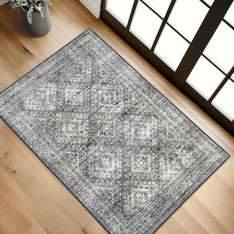 MIULEE 2x3 Washable Entry Rug Door Mat Indoor Entrance, Small Rug for Kitchen Bathroom Bedroom, Non-Slip Stain Resistant Throw Carpet Boho Entryway Decor, Black