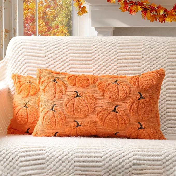 4TH Emotion Fall Pumpkins Decorative Lumbar Pillow Covers 12x20 Set of 2, Orange Soft Plush Faux Fur Wool Farmhouse Throw Cushion Cases for Autumn Thanksgiving Holiday Home Decorations