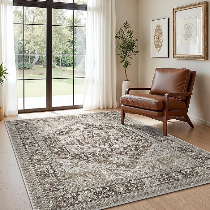 GENIMO 5X7 Area Rugs for Living Room, Machine Washable Vintage Floor Cover Foldable Modern Non Slip Rug, Low Pile Soft Indoor Carpet Floral Print Mat Rug,Bedroom/Dining Room/Home Office,Taupe