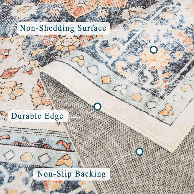 vivorug 6x9 Area Rugs, Ultra-Soft Washable Boho Rug for Living Room Dinner Room Bedroom, Non-Slip Vintage Floral Indoor Carpet Large Area Rug Orange/Navy