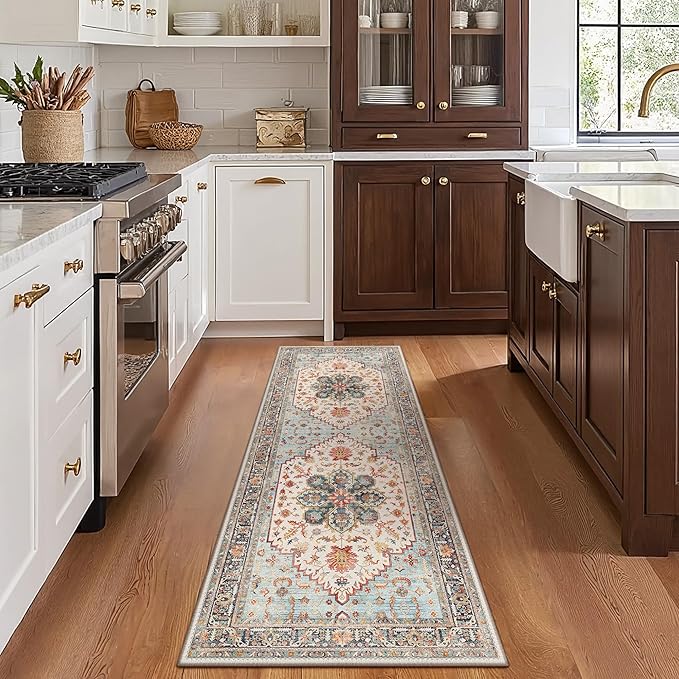 GENIMO 2X5 Runner Rugs for Entryway,Machine Washable Vintage Floor Cover Foldable Modern Non Slip Rug, Low Pile Soft Carpet Floral Print Mat for Indoor Entryway/Bathroom/Kitchen/Carpet,Sky Blue