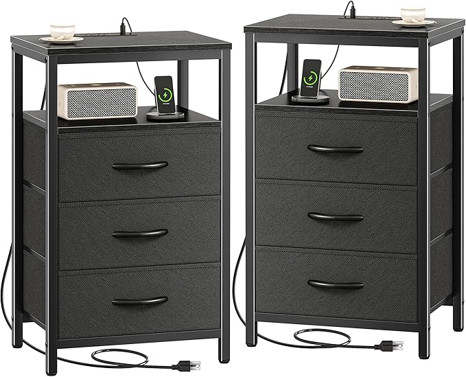 Huuger Nightstands Set of 2, 27.6 Inch End Tables with Charging Station, Bed Side Tables with Fabric Drawers, USB Port and Outlet, Night Stands for Bedroom, Black
