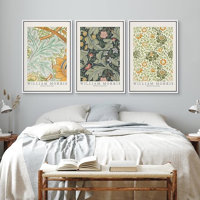 wall26 Framed Canvas Print Wall Art Set William Morris Flower Tapestry Posters Nature Wilderness Illustrations Modern Art Decorative Floral Botanical Minimal Calm for Bedroom - 16"x24"x3 White