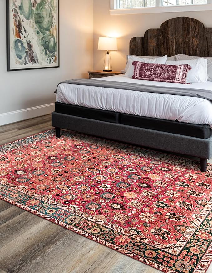 vivorug Washable Rug, Ultra Soft Area Rug 4x6, Non Slip Small Rug Carpet, Stain Resistant Rugs for Living Room Bedroom Entryway, Vintage Floral (Cherry Red/Spice, 4'x6')