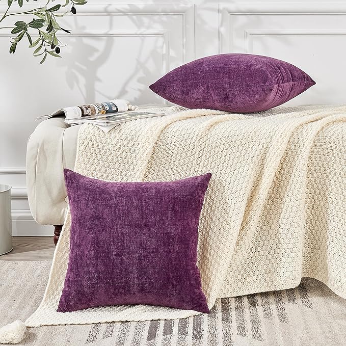 GAWAMAY Decorative Square Throw Pillow Covers 22x22 Inch Set of 2, Super Soft Chenille Pillows Farmhouse Fall Pillowcase for Living Room Bedroom Sofa Couch Cushion Cover Purple 55x55cm (No Insert)