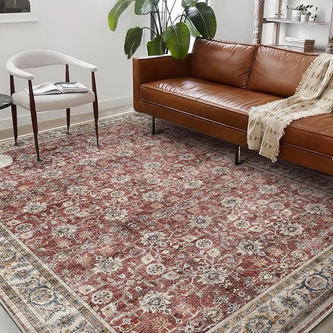 Washable Area Rug 9'x12' Boho Design Non-Shedding Easy Care Ideal for High Traffic Areas in Living Room Bedroom Office Coffee Table Kitchen Large Carpet