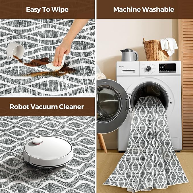 WITSHOCK Rugs for Living Room 5x7: Washable Non-Slip Soft Geometric Foldable Low Pile Large Boho Indoor Rug for Bedroom Dining Room, Carpet for Nursery Playroom Decor, Kid & Pet Friendly, Dark Grey