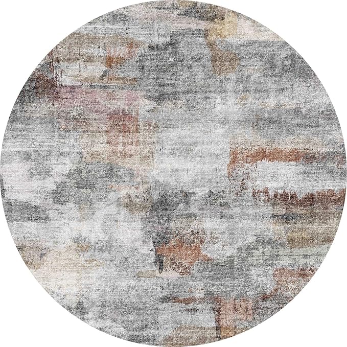 vivorug Round Rug 4ft Abstract Round Area Rug Non-Slip Indoor Carpet for Living Room Bedroom Entryway, Stain Resistant Home Decor Circle Rug, Grey/Rust