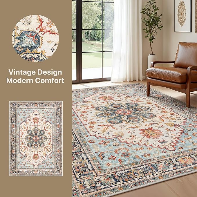 GENIMO 5X7 Area Rugs for Living Room, Machine Washable Vintage Floor Cover Foldable Modern Non Slip Rug, Low Pile Soft Indoor Carpet Floral Print Mat Rug,Bedroom/Dining Room/Home Office,Sky Blue