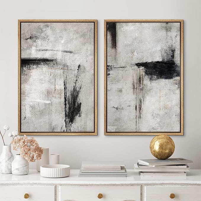 MUDECOR Framed Canvas Print Wall Art Grey Black Abstract Shape Illustrations Modern Art Decorative Bohemian Colorful Chic for Living Room, Bedroom, Office - 24"x36"x2 Natural