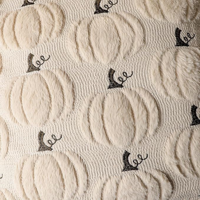 4TH Emotion Fall Pumpkin Decorative Pillow Covers 18x18 Set of 2, Beige Soft Plush Faux Fur Wool Farmhouse Throw Cushion Cases for Autumn Thanksgiving Holiday Home Decorations