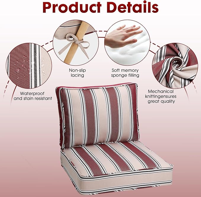 Outdoor Deep Seating Cushion Set, 24" x 24", Waterproof & Fade Resistant Patio Furniture Cushions with Handle, Deep Seat and Back Cushion for Chair and Sofa (3, Red Stripe)