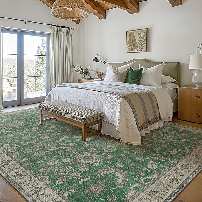 GENIMO Washable Area Rugs for Living Room Bedroom, 8x10 Boho Vintage Non Slip Rug, Low Pile Soft Floral Indoor Floor Carpet Cover for Dining Room Kitchen, Khaki Green