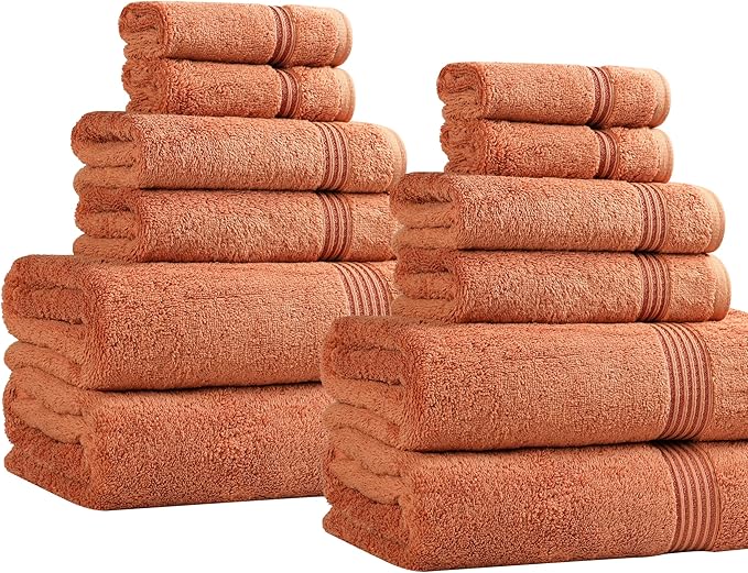 Superior Egyptian Cotton 12-Piece Towel Set, Assorted Towels for Home Bathroom, Master Bath, Decor Essentials, Includes 4 Bath, 4 Hand, 4 Face Towels/Washcloths, Quick Dry, Absorbent, Caramel Brown