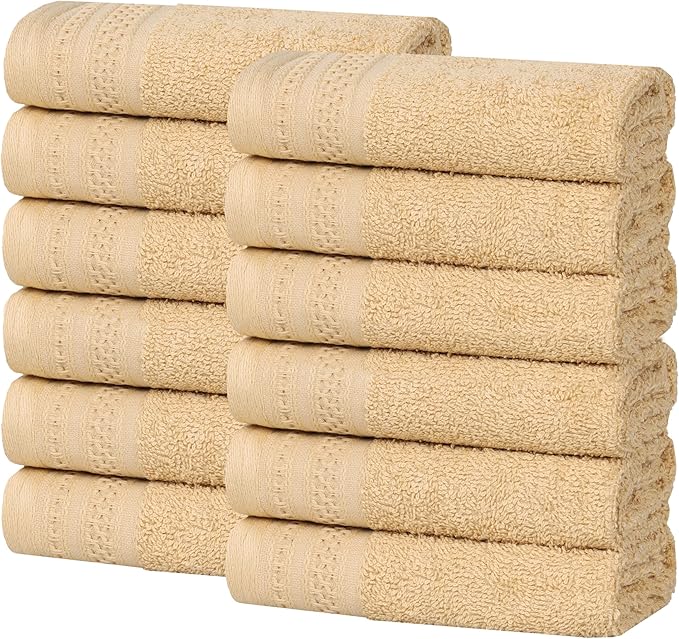 Superior Honeycomb Cotton Medium Weight Towels, for Guest Bath, Master Bathroom, Shower, Quick Dry, Adults, Home Essentials, Textured Waffle Border, Assorted Towel Set, 12 Piece Face Towel Set, Gold