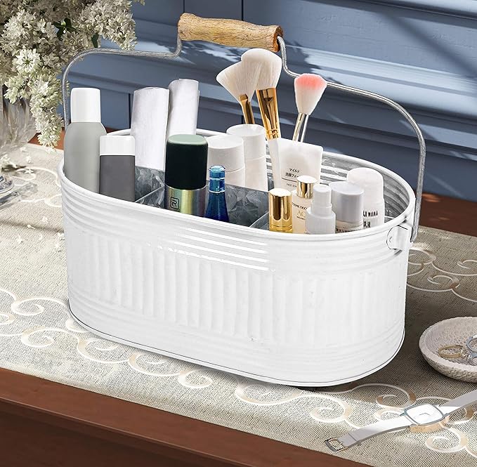 Alpha Living Home Rustic Heavy Duty Alloy Multi-Compartment Caddy - Metal Utensil Caddy Versatile All-in-One Organizer for Kitchen, Bathroom & Office Utensils, Flatware, and Accessories (White)